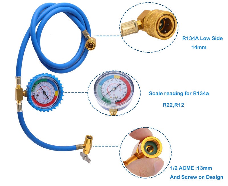 Ketofa R134a Charging Hose A/C Refrigerant Recharge Hose Quick Couple,R-134A Refrigerant Recharging Hose Kit with Gauge Total Long 52'' Charge Hose - Image 2